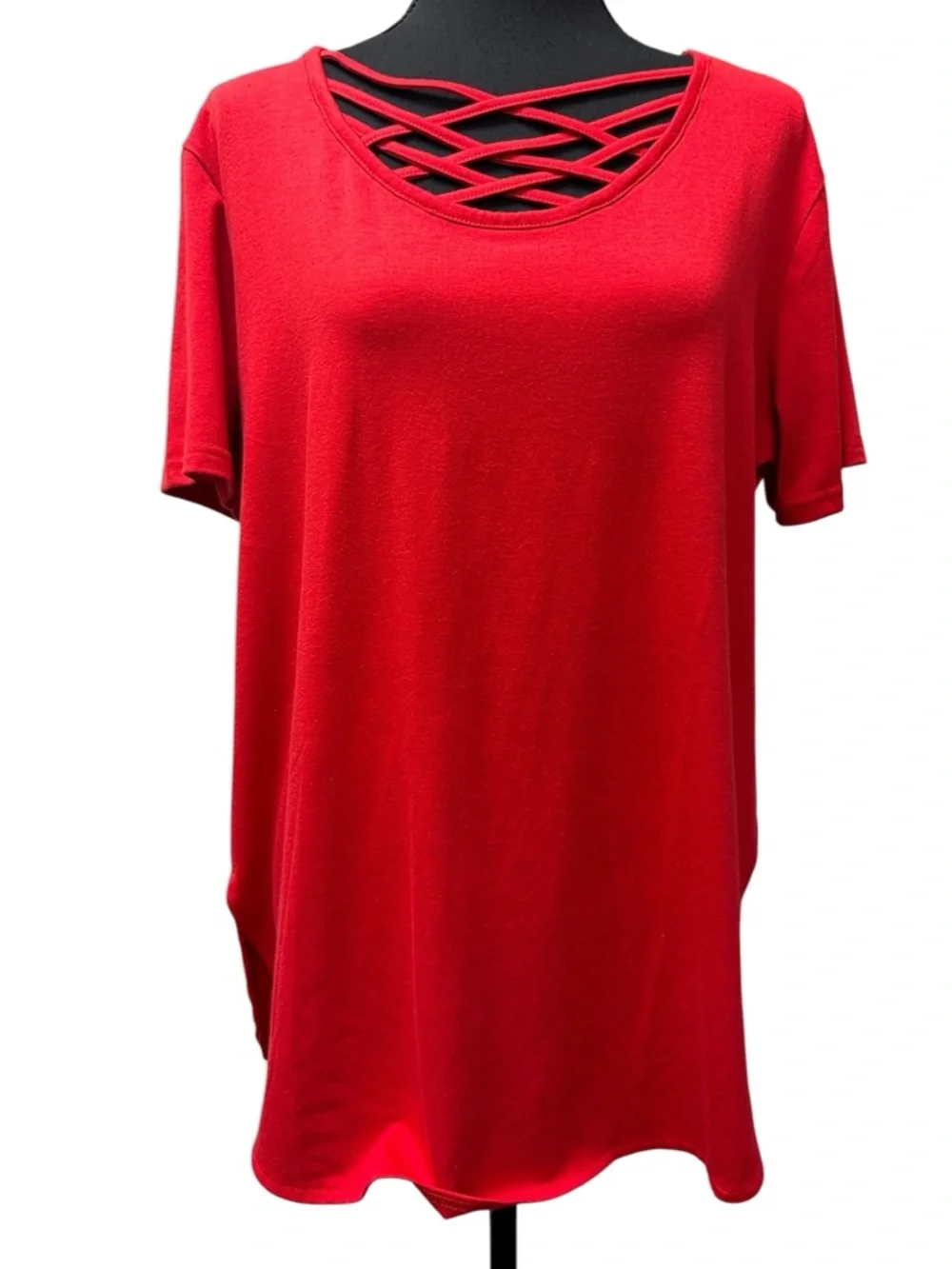 Lucky & Blessed Women's Red Crisscross Neck T-Shirt, Size L